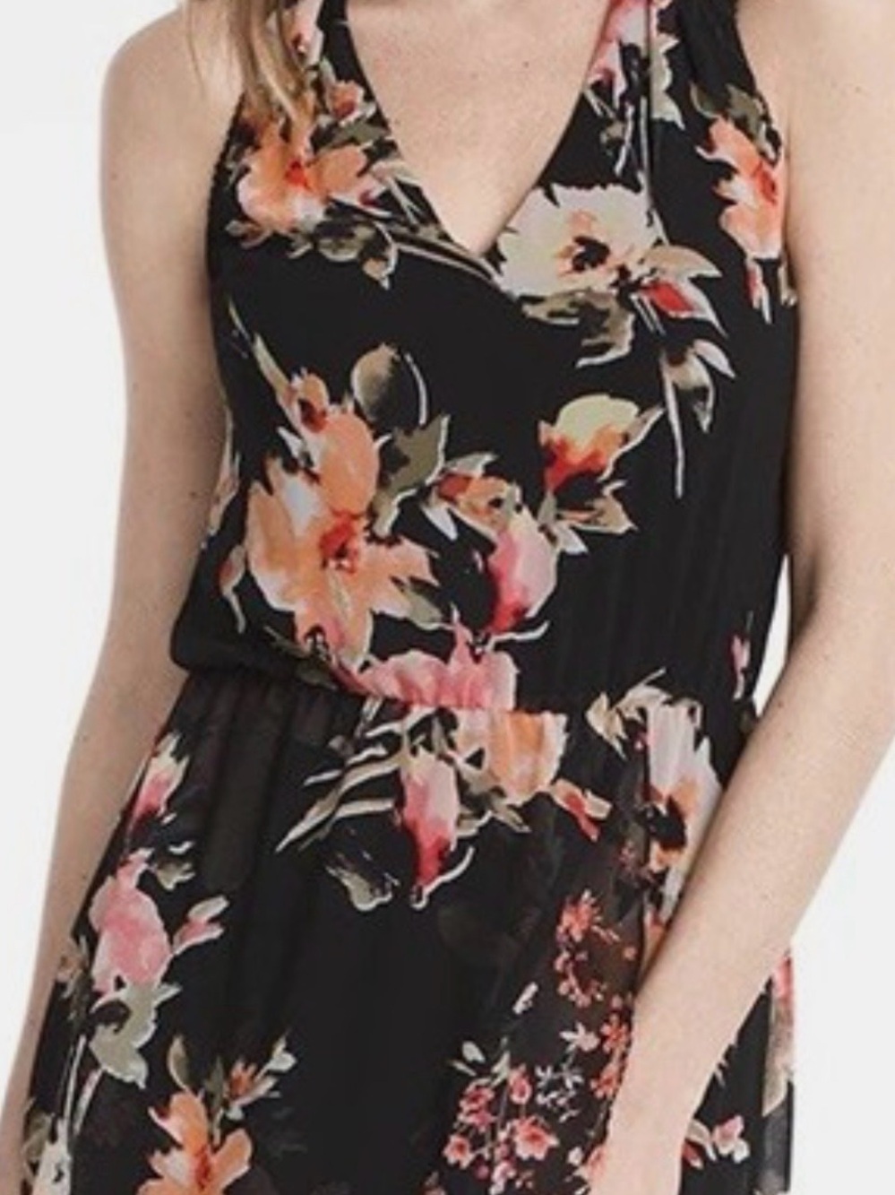 Black Floral High Low Maxi Dress with Pink Accent